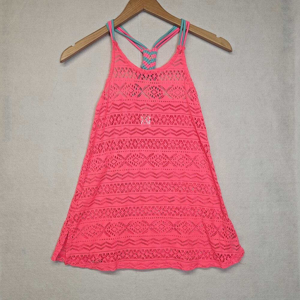 Summer Crush Girls Hot Coral Pink Swim Cover-Up Dress Crochet Lace Size Small